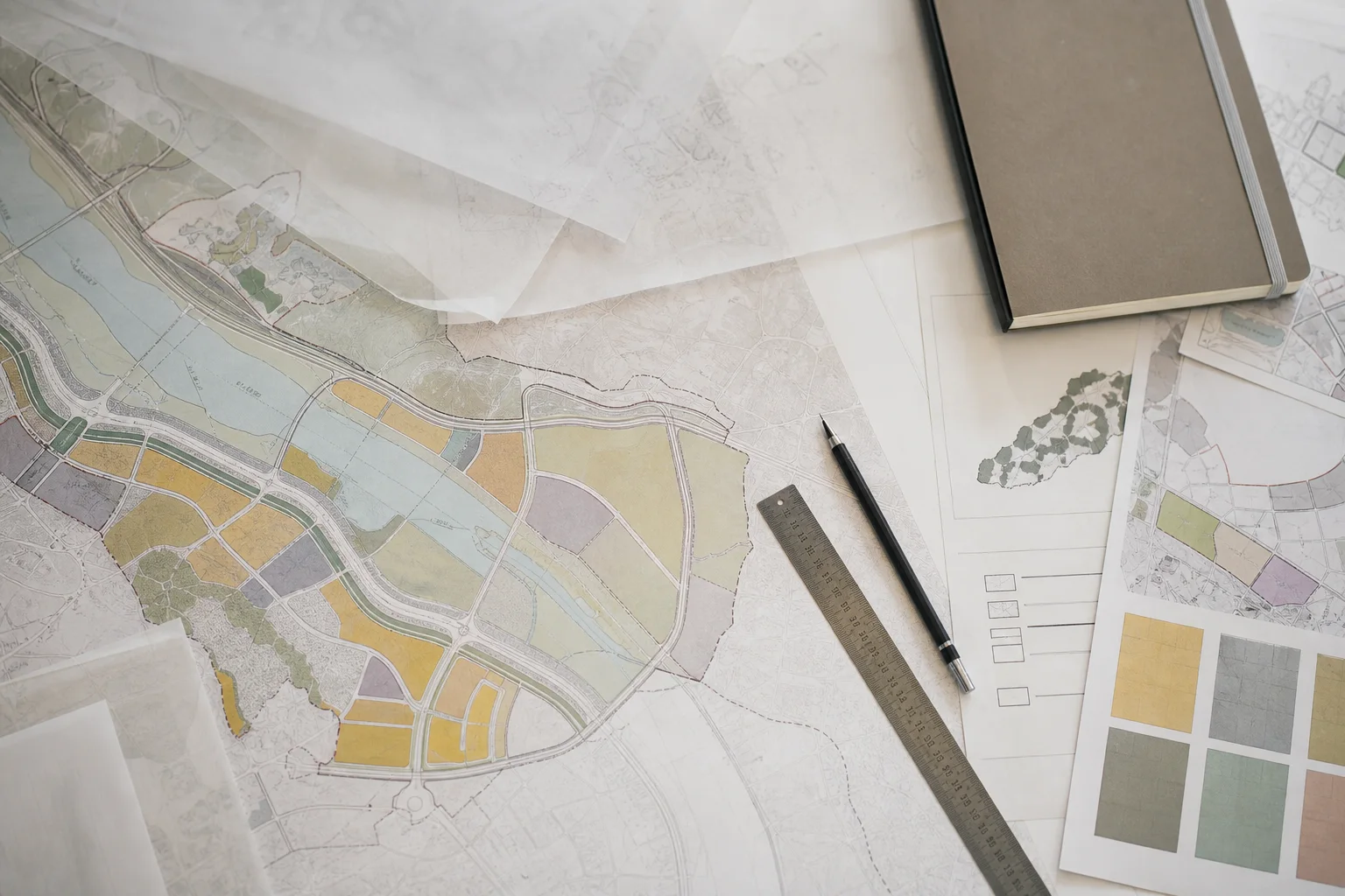연한 색의 지구단위계획 도면과 트레이싱지, 금속 축척자와 검은 연필이 놓인 밝은 업무 책상