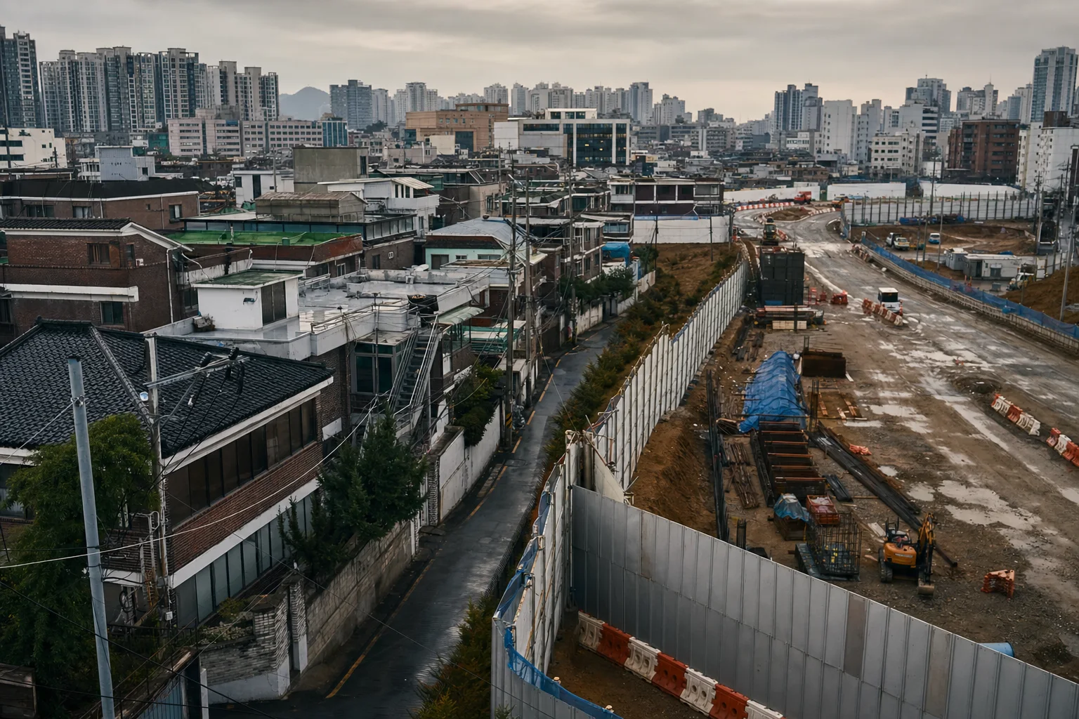 서울의 저층 주거지와 대규모 공사 구간이 긴 가설 울타리를 사이에 두고 맞닿아 있는 도시 전경