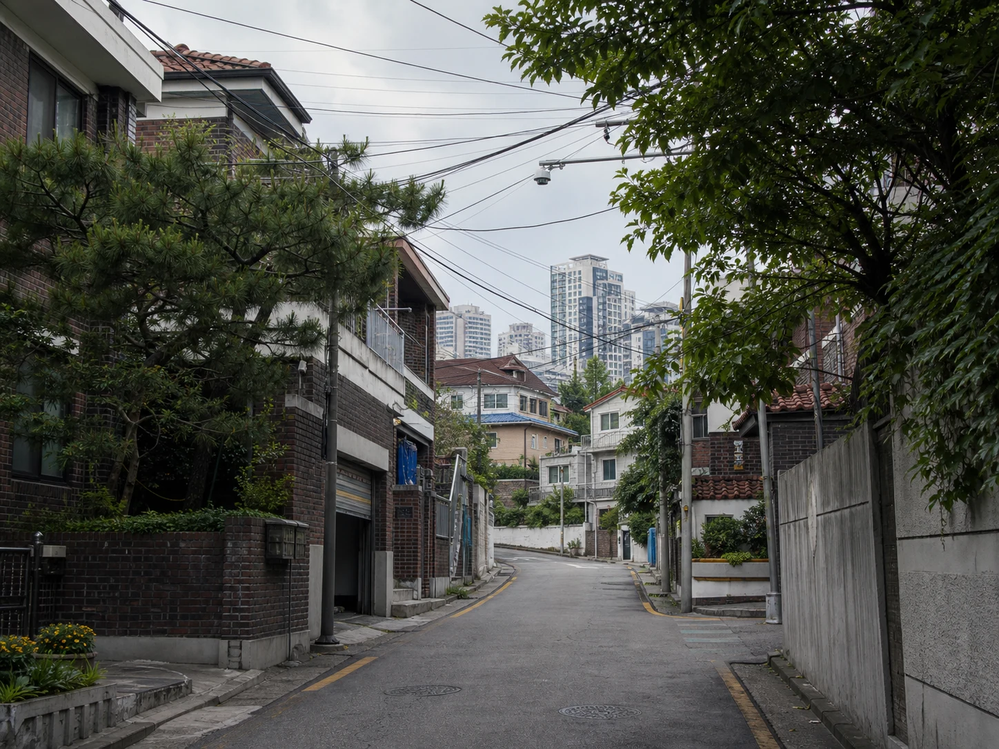 벽돌 다세대주택과 나무 사이로 고층 건물이 보이는 서울의 오래된 주거 골목