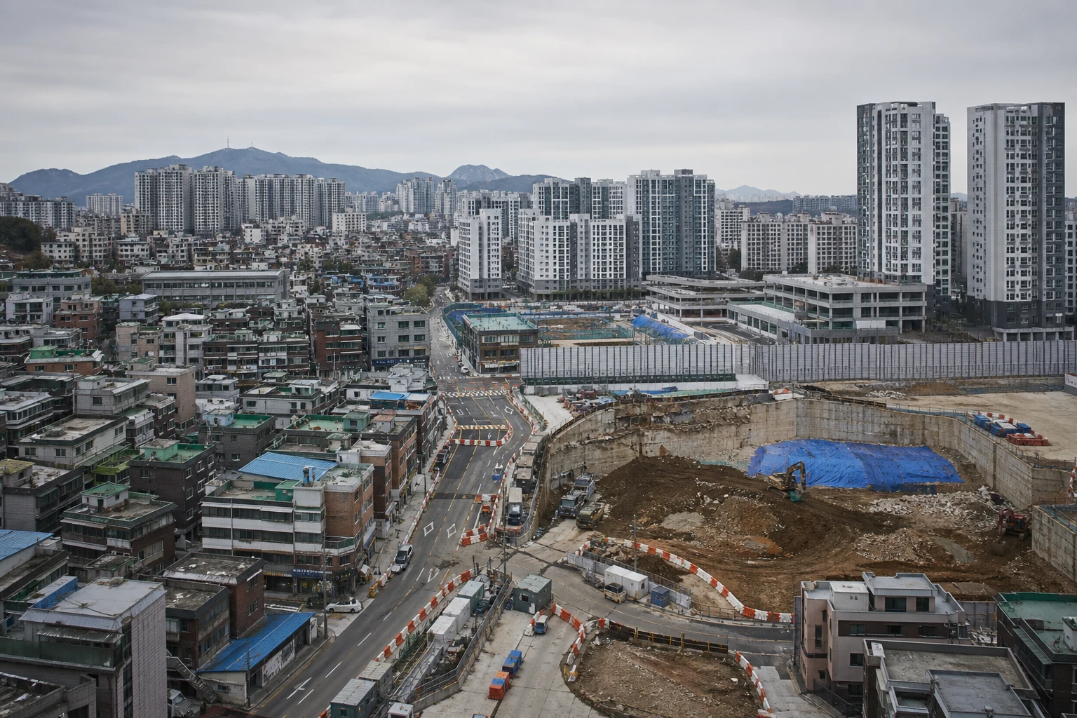 저층 주거지 옆에서 굴착 공사와 신축 주거단지가 함께 진행 중인 재개발 현장